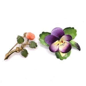Vintage Flower Pins Brooches Lot of 2 Staffordshire & Coral